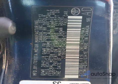 2012 Toyota Corolla Base z USA, uszkodzony, nr VIN 2T1BU4EE4CC861717